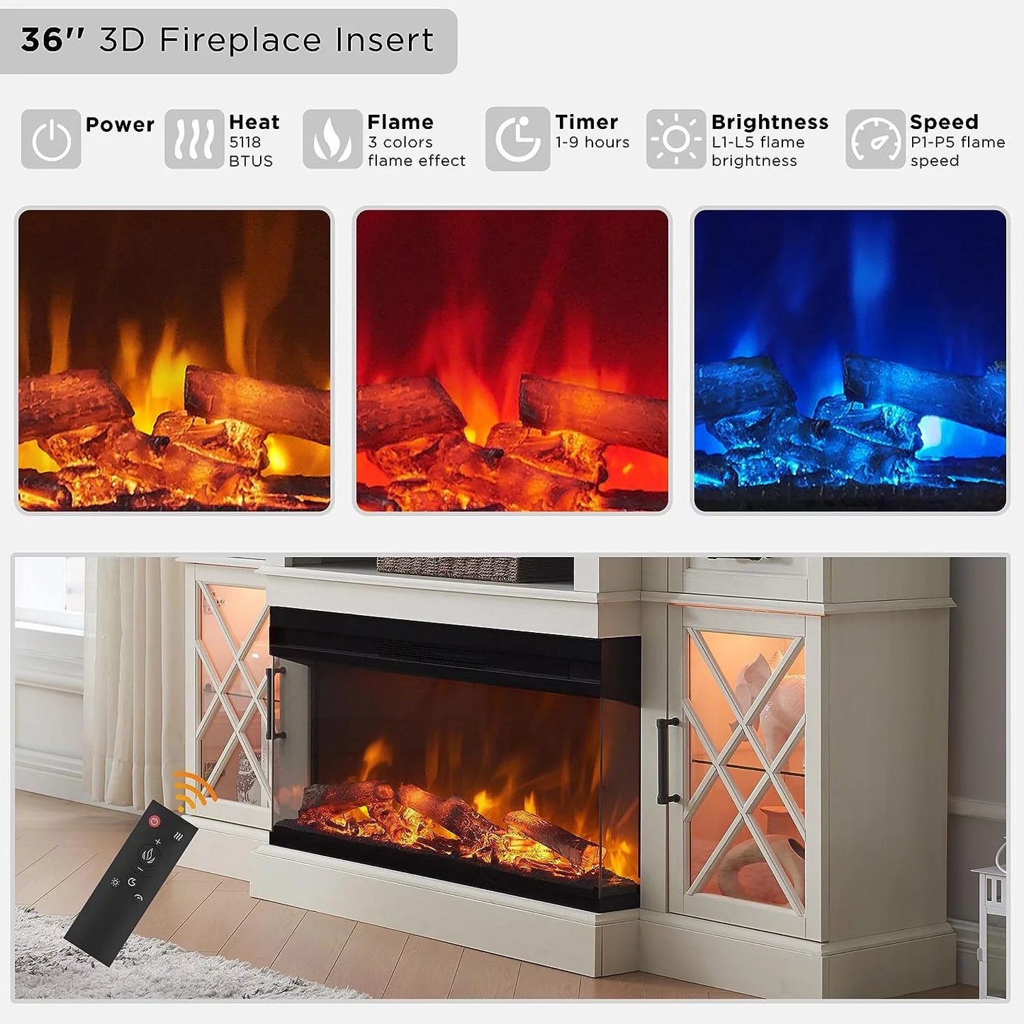 Farmhouse 3-Sided Fireplace TV Stand for 80" Tvs, 70" Entertainment Center with Electric Fireplace and Storage Drawers, Antique White