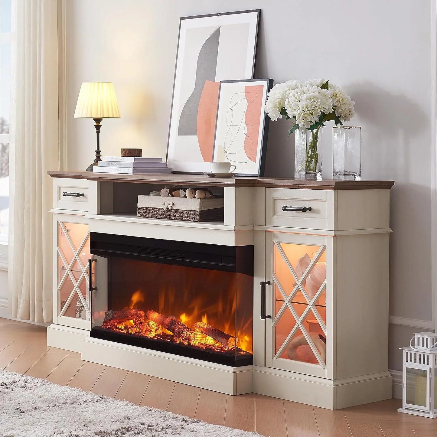 Farmhouse 3-Sided Fireplace TV Stand for 80" Tvs, 70" Entertainment Center with Electric Fireplace and Storage Drawers, Antique White