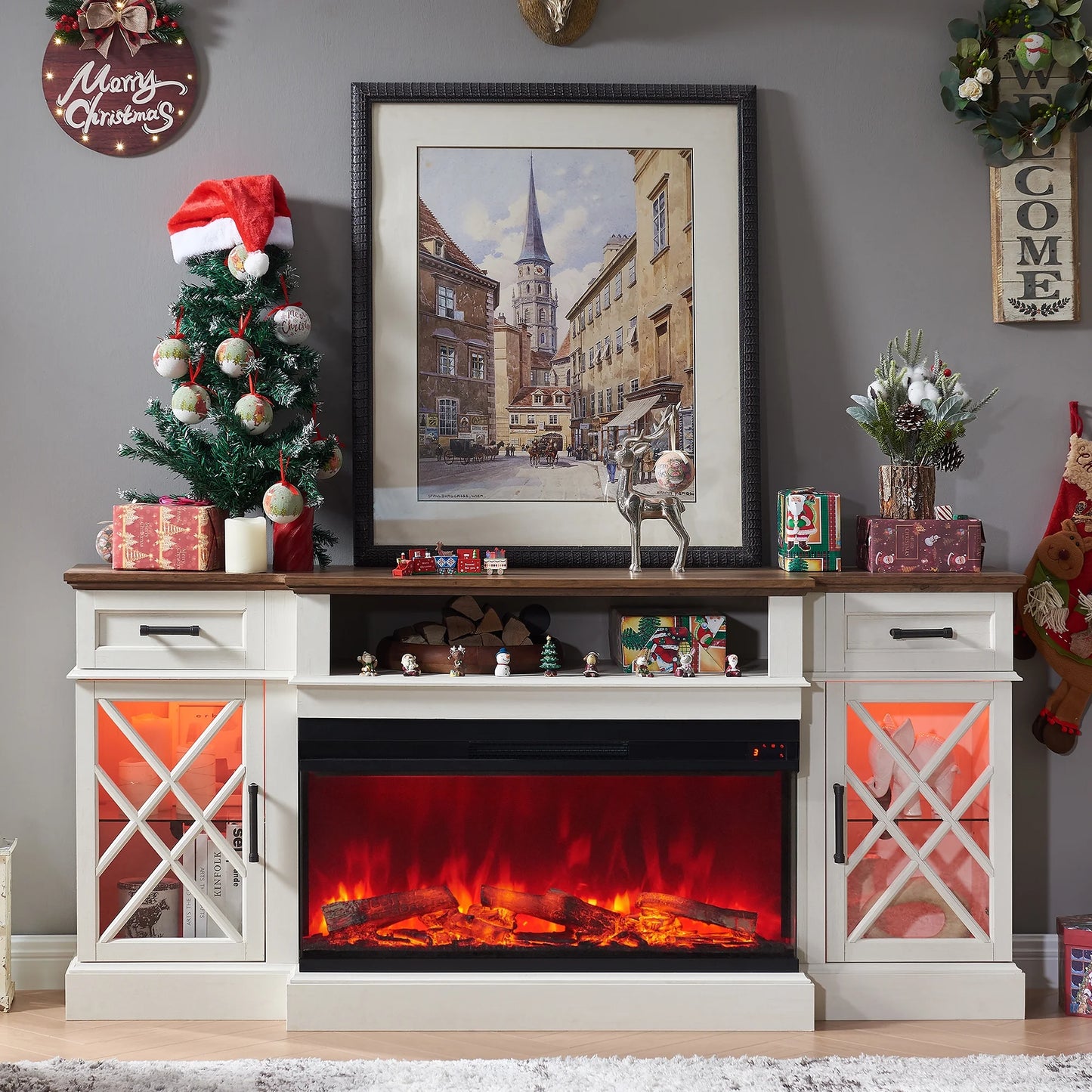 Farmhouse 3-Sided Fireplace TV Stand for 80" Tvs, 70" Entertainment Center with Electric Fireplace and Storage Drawers, Antique White
